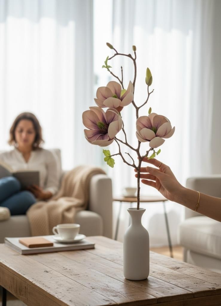 Yapay Çiçek Eva Krem Mor Açık Manolya 3 Çiçekli Uzun Dal 70cm Gerçeksi Doku 