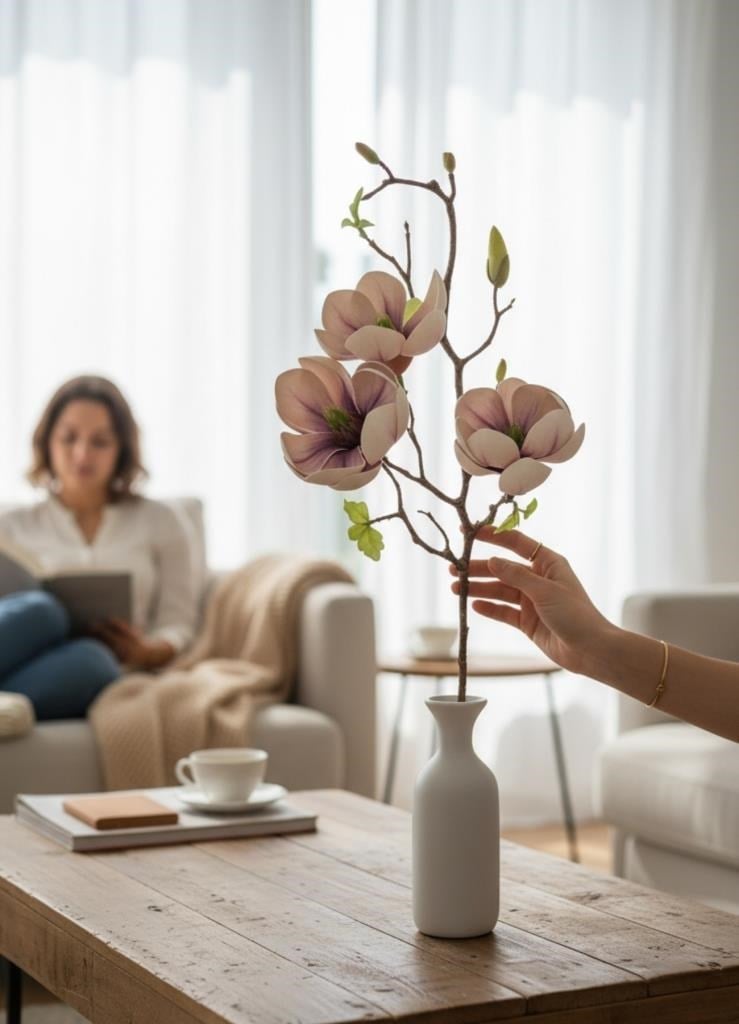 Yapay Çiçek Eva Krem Mor Açık Manolya 3 Çiçekli Uzun Dal 70cm Gerçeksi Doku 