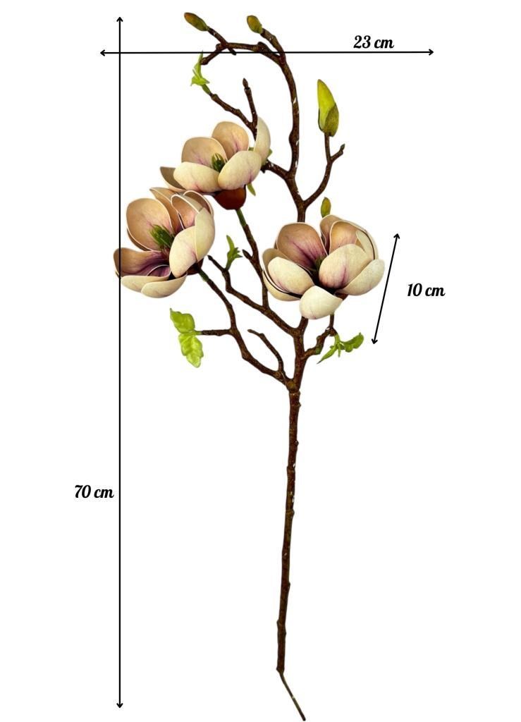 Yapay Çiçek Eva Krem Mor Açık Manolya 3 Çiçekli Uzun Dal 70cm Gerçeksi Doku 