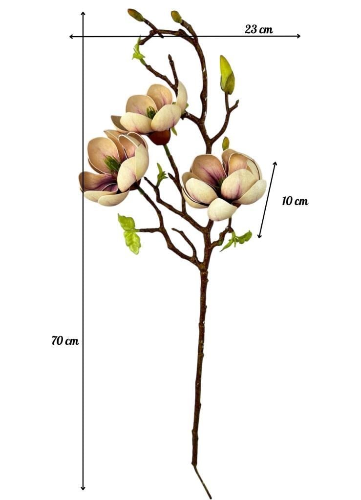 Yapay Çiçek Eva Krem Mor Açık Manolya 3 Çiçekli Uzun Dal 70cm Gerçeksi Doku 