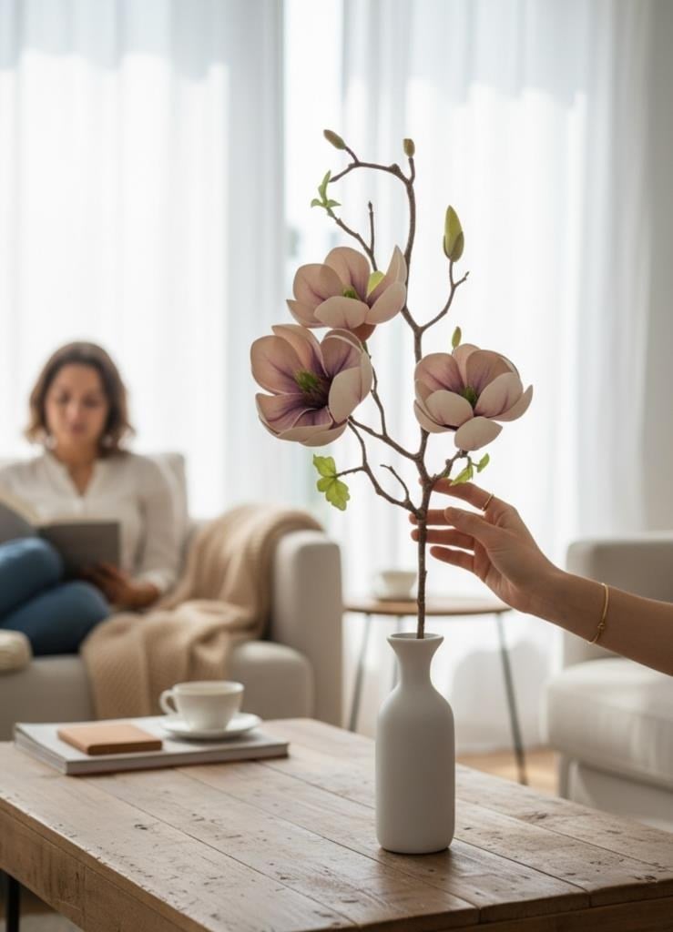 Yapay Çiçek Eva Krem Mor Açık Manolya 3 Çiçekli Uzun Dal 70cm Gerçeksi Doku 