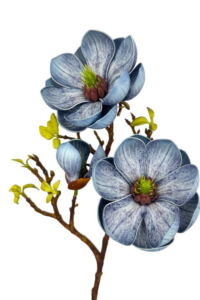 Yapay Çiçek Eva Mavi Manolya 2 Çiçek 1 Tomurcuk Uzun Dal Çiçek Flowers 55cm Gerçeksi Doku