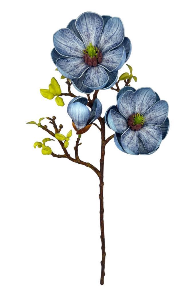 Yapay Çiçek Eva Mavi Manolya 2 Çiçek 1 Tomurcuk Uzun Dal Çiçek Flowers 55cm Gerçeksi Doku