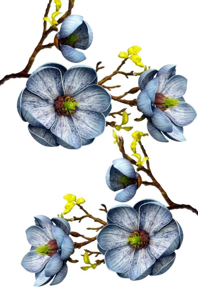 Yapay Çiçek Eva Mavi Manolya 2 Çiçek 1 Tomurcuk Uzun Dal Çiçek Flowers 55cm Gerçeksi Doku