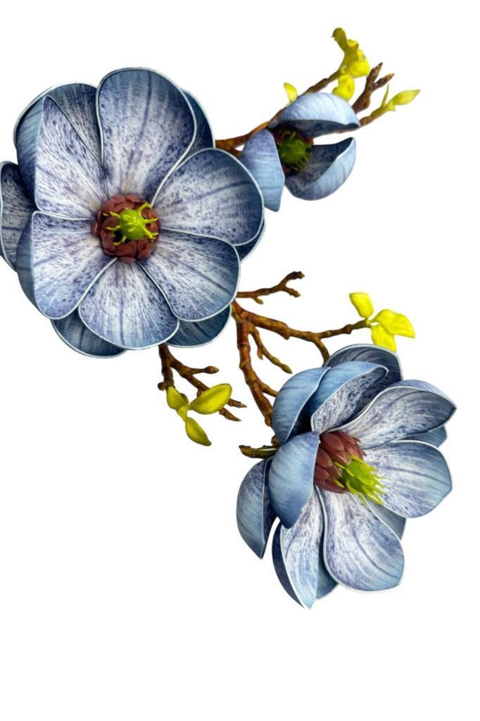 Yapay Çiçek Eva Mavi Manolya 2 Çiçek 1 Tomurcuk Uzun Dal Çiçek Flowers 55cm Gerçeksi Doku