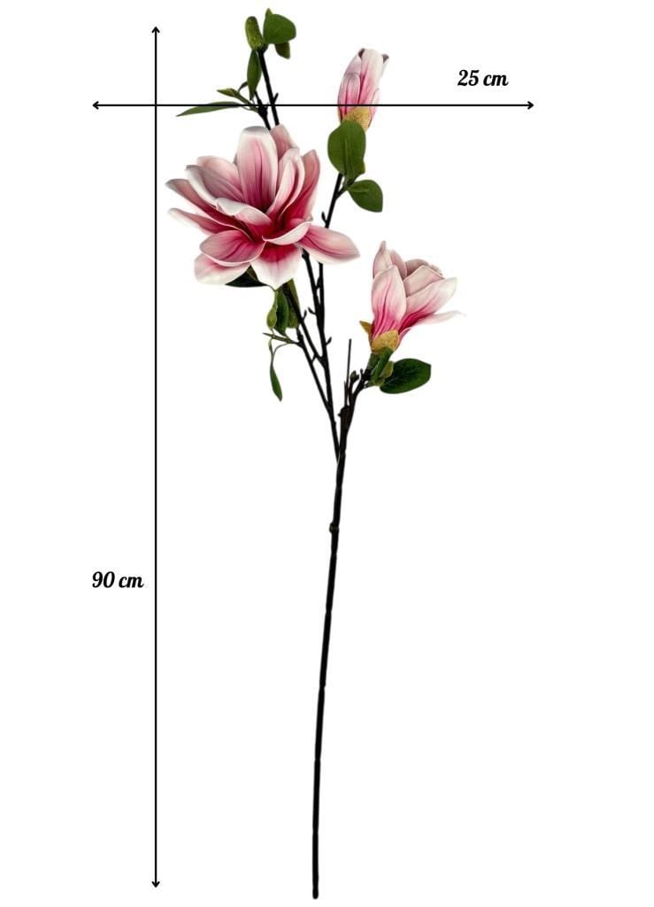 Yapay Çiçek Eva Pembe Manolya 3 Çiçekli Uzun Dal 90cm Gerçeksi Doku 