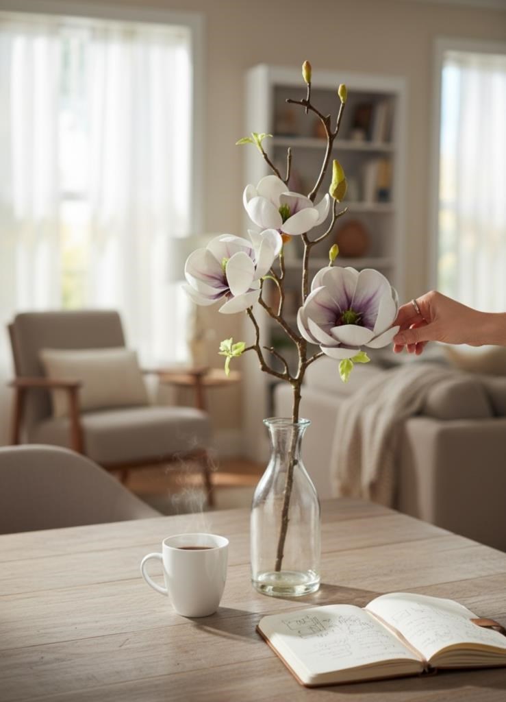 Yapay Çiçek Eva Yeşil Manolya 3 Çiçekli Uzun Dal 70cm Gerçeksi Doku 
