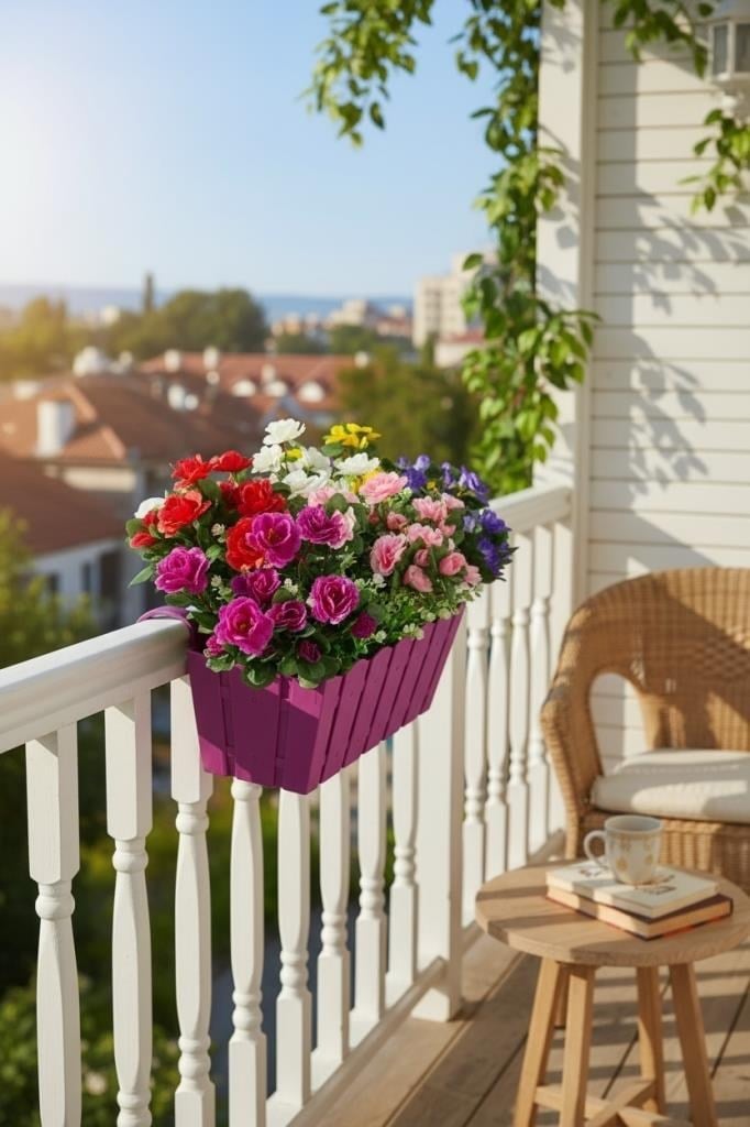 Yapay Çiçek Fuşya Balkon Saksıda Küpeşte Askılı Açelya Çiçeği Karışık Renkli Çiçek Sepeti 50cm