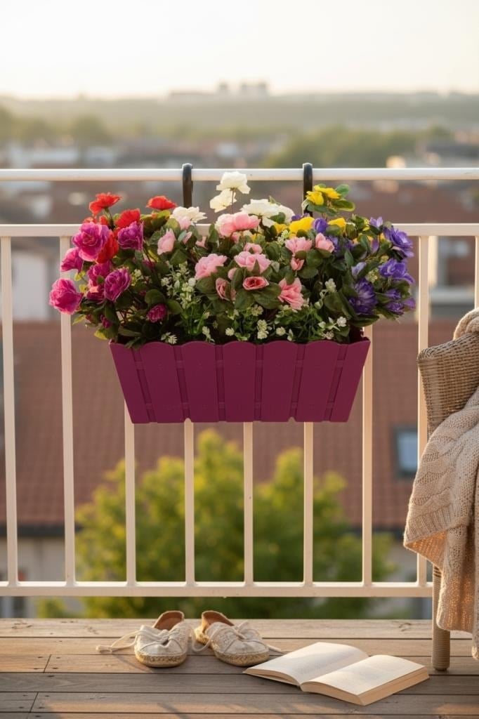 Yapay Çiçek Fuşya Balkon Saksıda Küpeşte Askılı Açelya Çiçeği Karışık Renkli Çiçek Sepeti 50cm