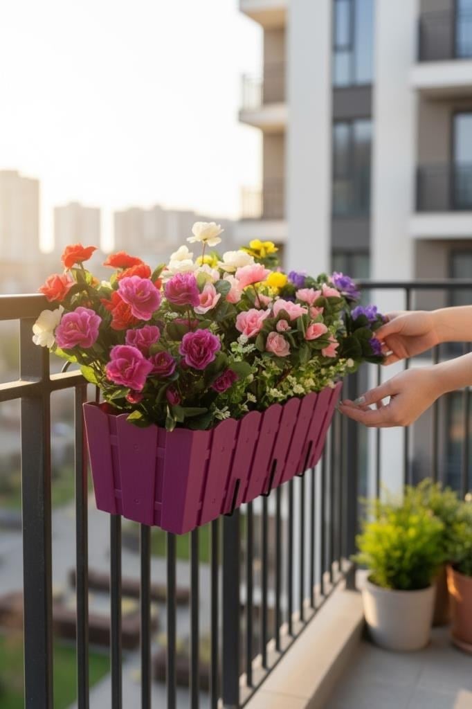 Yapay Çiçek Fuşya Balkon Saksıda Küpeşte Askılı Açelya Çiçeği Karışık Renkli Çiçek Sepeti 50cm