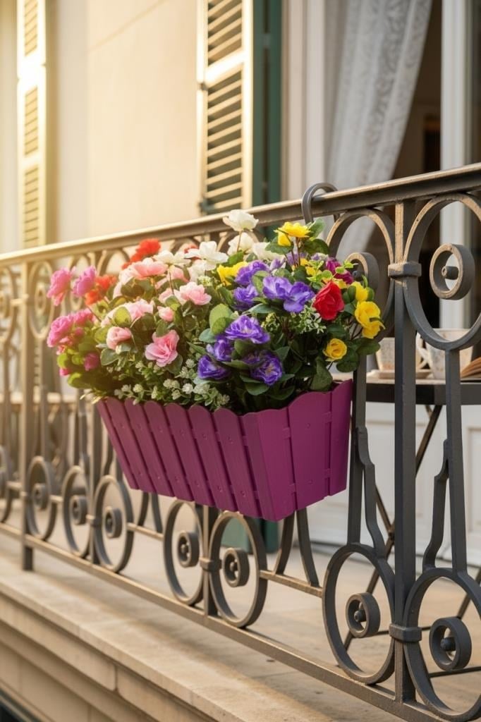 Yapay Çiçek Fuşya Balkon Saksıda Küpeşte Askılı Açelya Çiçeği Karışık Renkli Çiçek Sepeti 50cm