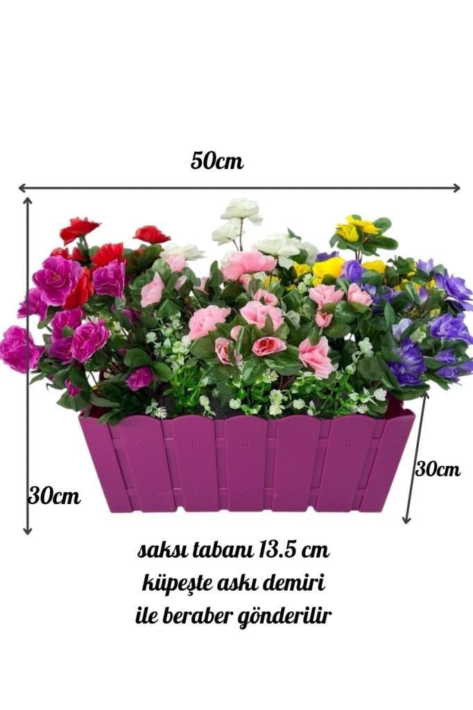 Yapay Çiçek Fuşya Balkon Saksıda Küpeşte Askılı Açelya Çiçeği Karışık Renkli Çiçek Sepeti 50cm