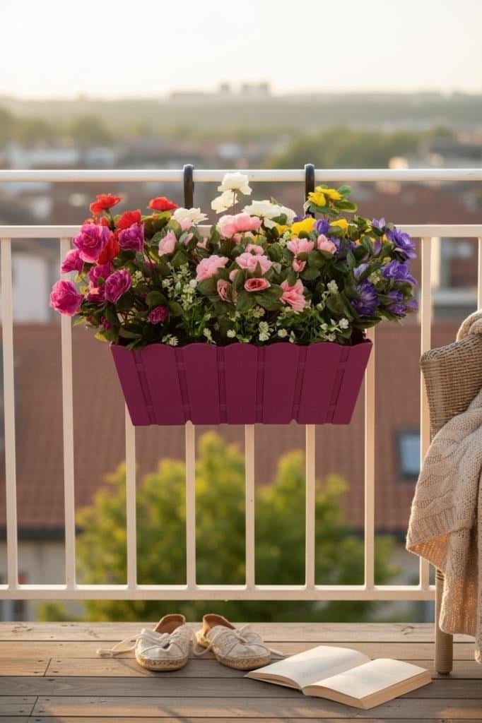 Yapay Çiçek Fuşya Balkon Saksıda Küpeşte Askılı Açelya Çiçeği Karışık Renkli Çiçek Sepeti 50cm