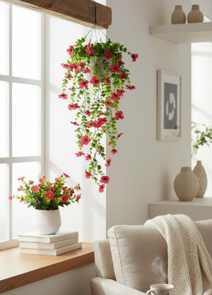 Yapay Çiçek Fuşya Sarkan Mineli Okaliptus Şimşir Yapay Sarmaşık 5dal 60cm