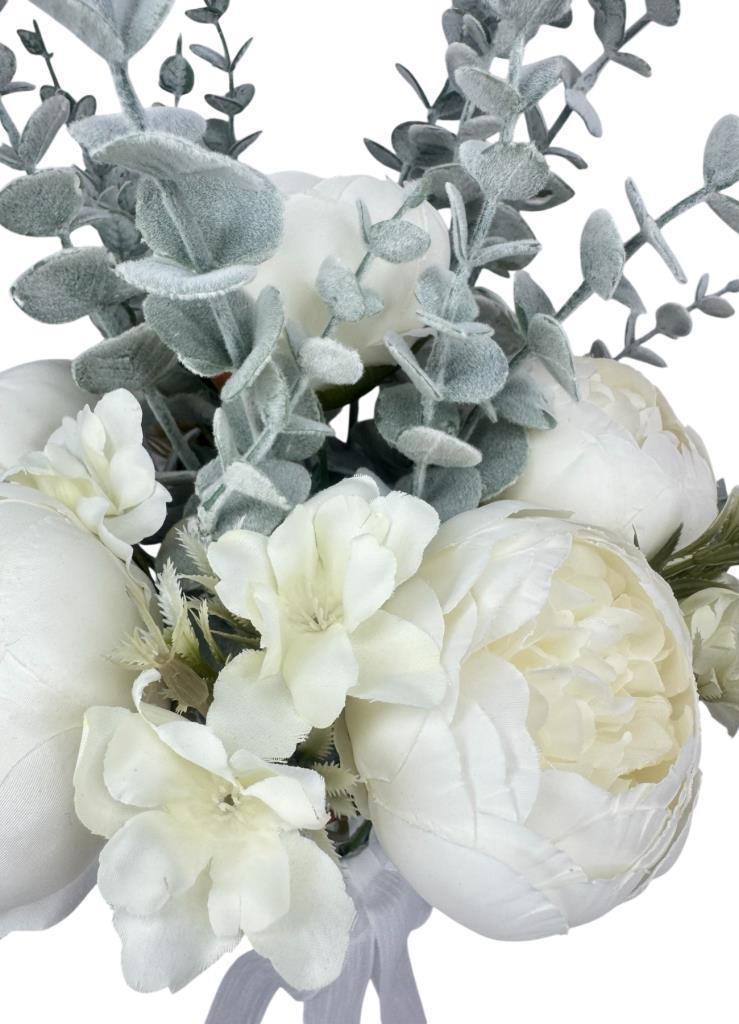 Yapay Çiçek Gelin Çiçeği Beyaz Şakayık Ve Okaliptus Gelin Buketi