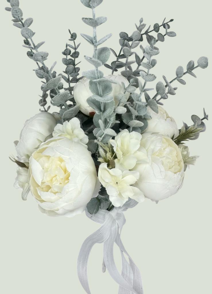Yapay Çiçek Gelin Çiçeği Beyaz Şakayık Ve Okaliptus Gelin Buketi