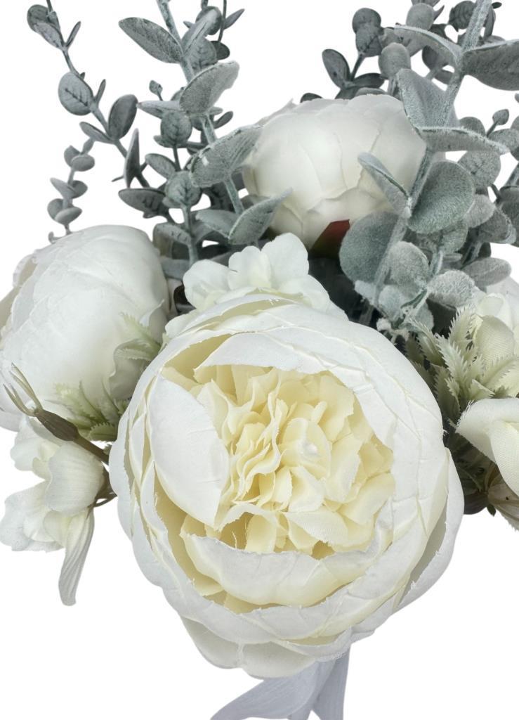 Yapay Çiçek Gelin Çiçeği Beyaz Şakayık Ve Okaliptus Gelin Buketi