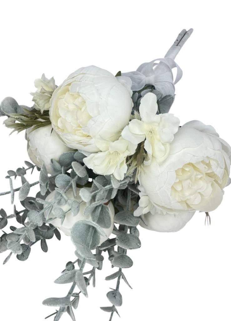 Yapay Çiçek Gelin Çiçeği Beyaz Şakayık Ve Okaliptus Gelin Buketi