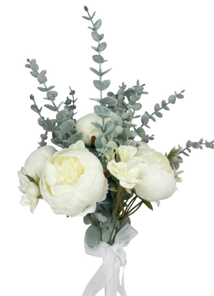 Yapay Çiçek Gelin Çiçeği Beyaz Şakayık Ve Okaliptus Gelin Buketi