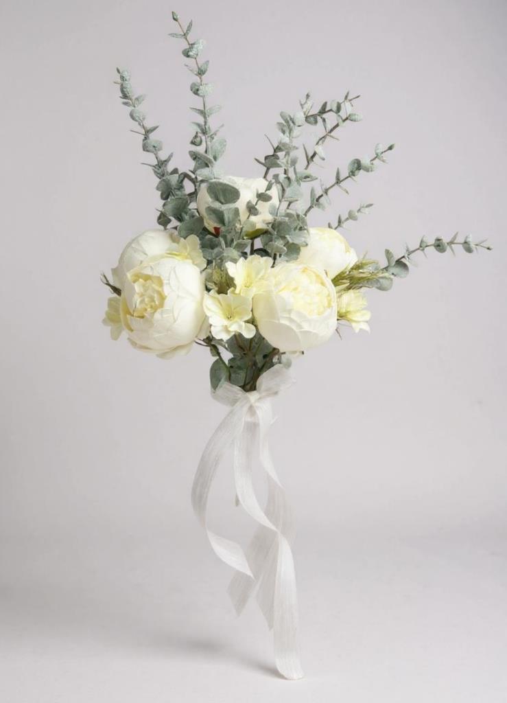 Yapay Çiçek Gelin Çiçeği Beyaz Şakayık Ve Okaliptus Gelin Buketi