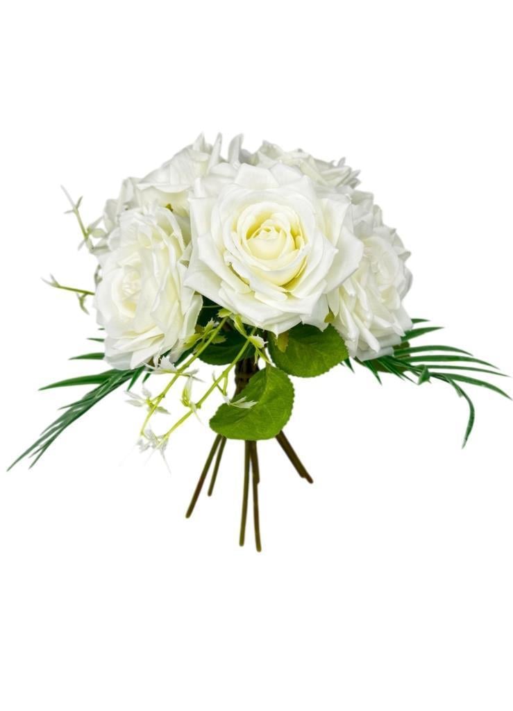 Yapay Çiçek Gelin Çiçeği Buketi Beyaz Gül 10lu Demet  Masa Üstü Vazo Çiçeği 30cm