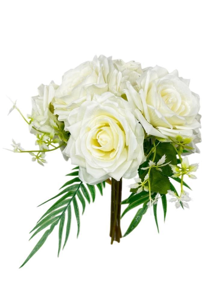 Yapay Çiçek Gelin Çiçeği Buketi Beyaz Gül 10lu Demet  Masa Üstü Vazo Çiçeği 30cm