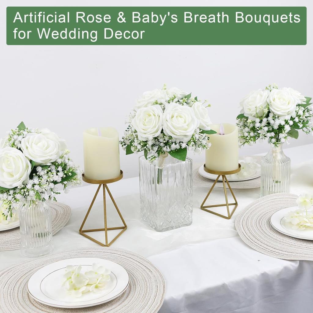 Yapay Çiçek Gelin Çiçeği Buketi Beyaz Gül 10lu Demet  Masa Üstü Vazo Çiçeği 30cm