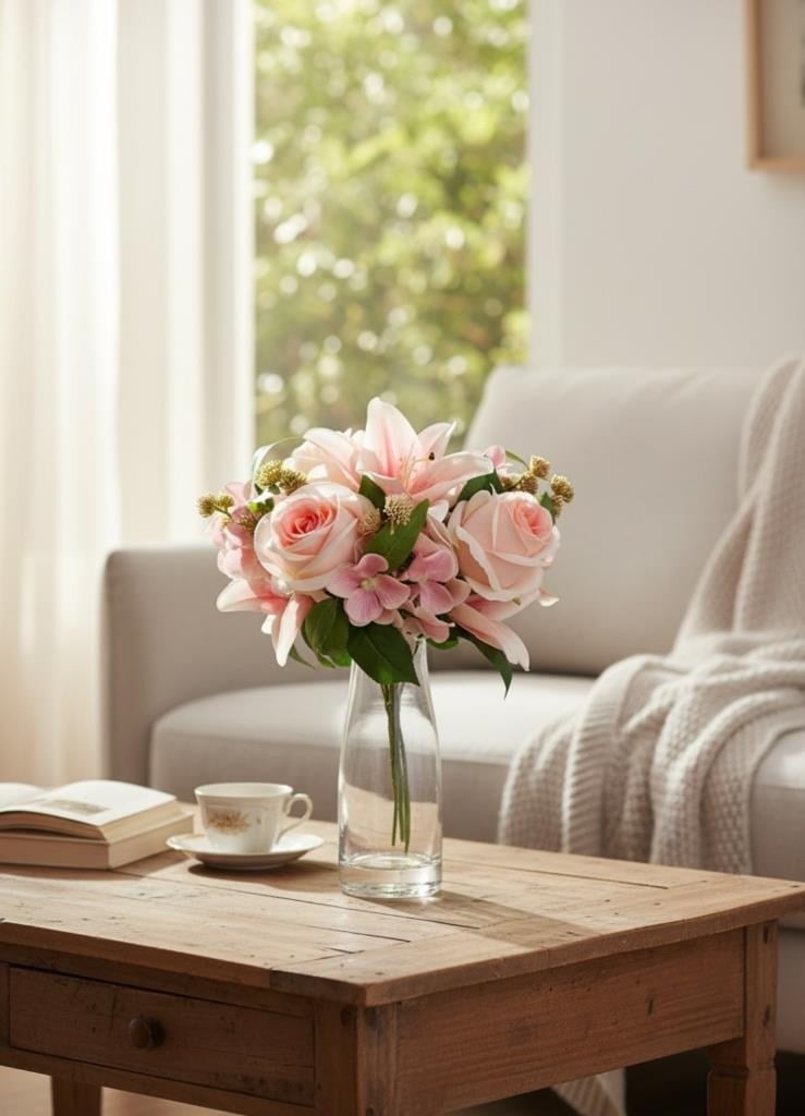 Yapay Çiçek Gelin Çiçeği Buketi Pembe Açık Gül Lilyum Ve Aradal Çiçekleri 40*25cm
