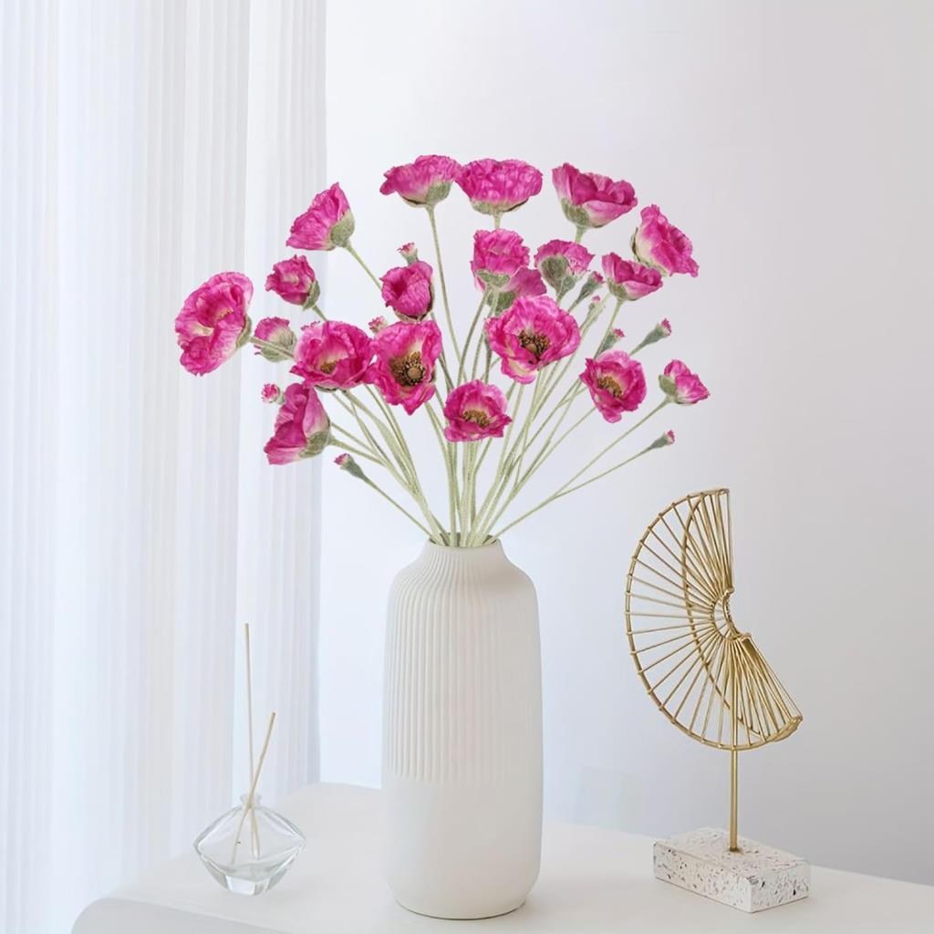 Yapay Çiçek Gelincik Çiçeği Fuşya Renk 3 Çiçek 1 Tomurcuk 59Cm