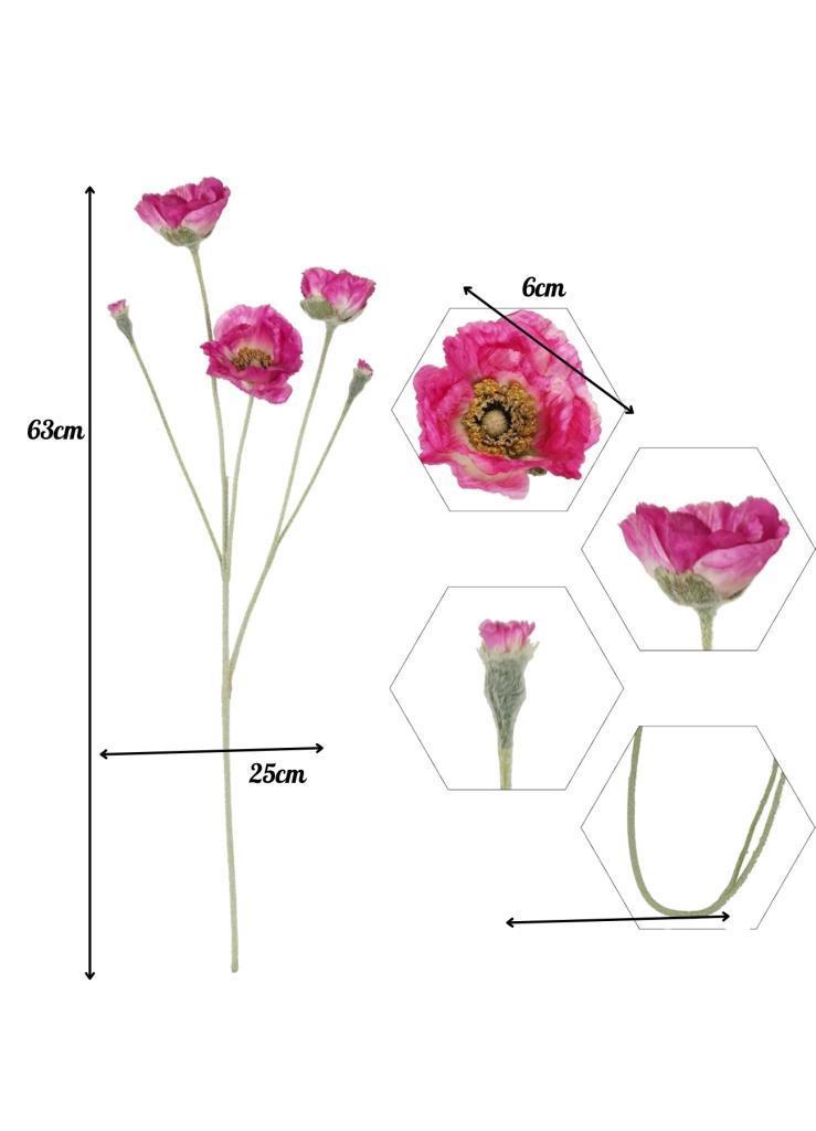 Yapay Çiçek Gelincik Çiçeği Fuşya Renk 3 Çiçek 1 Tomurcuk 59Cm