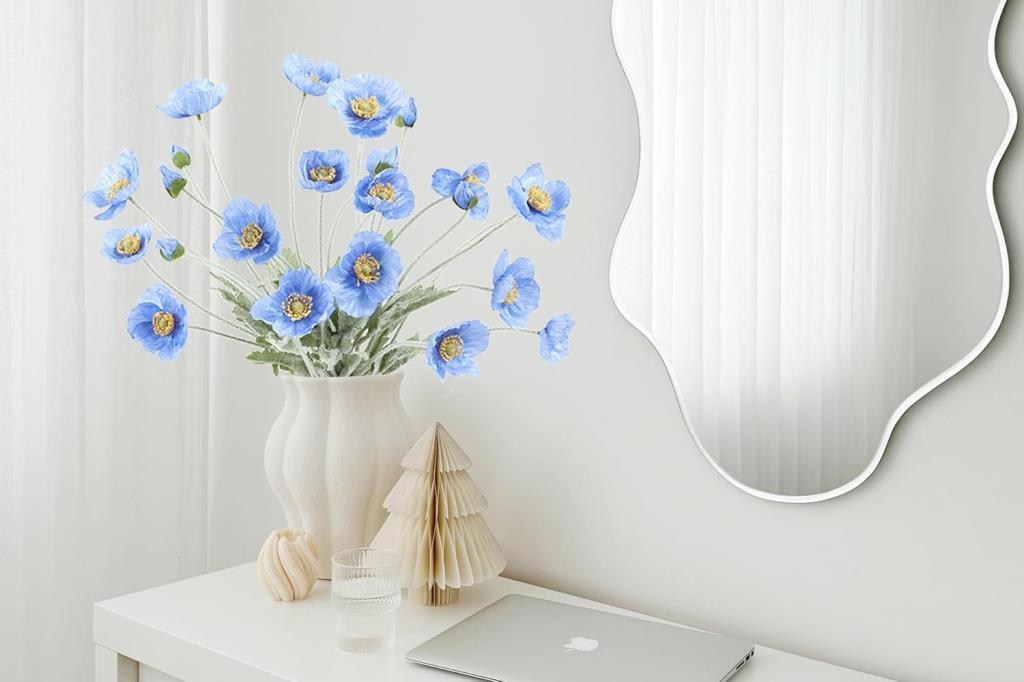Yapay Çiçek Gelincik Çiçeği Mavi Açık Renk 3 Çiçek 1 Tomurcuk 59Cm