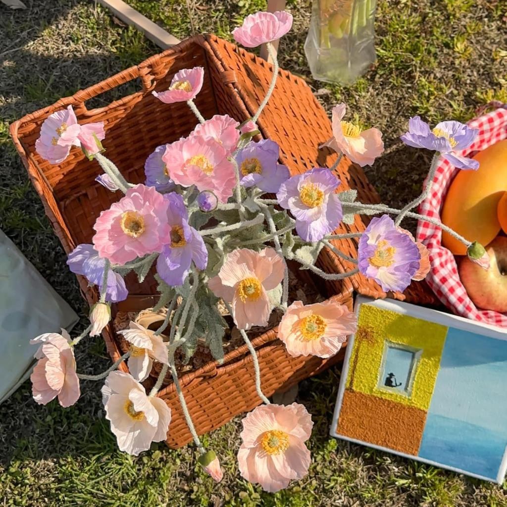 Yapay Çiçek Gelincik Çiçeği Pembe Renk 3 Çiçek 1 Tomurcuk 59Cm