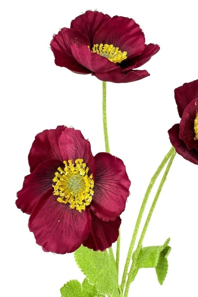 Yapay Çiçek Gelincik Çiçeği Sert Kumaş BORDO Renk 3 Çiçek 1 Tomurcuk 59Cm