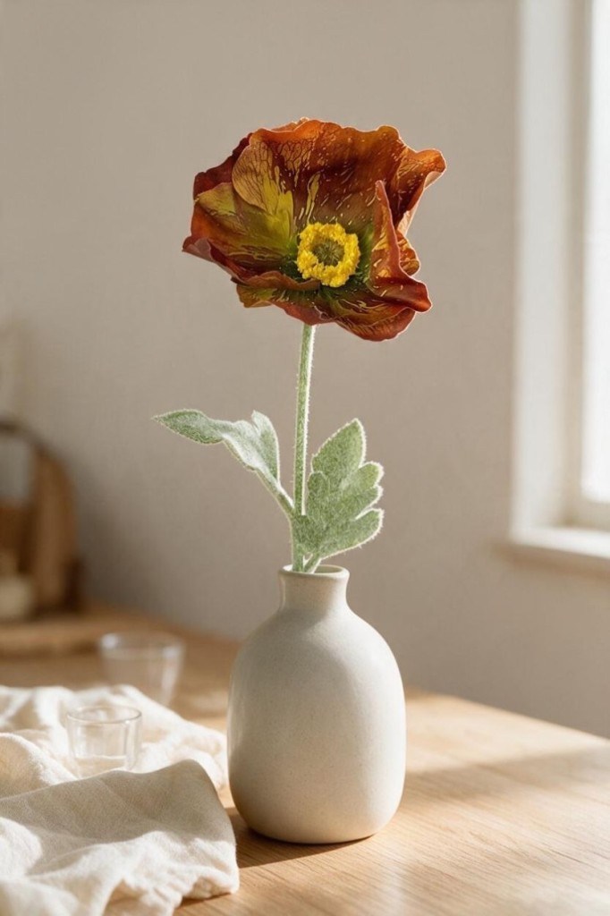 Yapay Çiçek Gelincik Çiçeği Tek Dal Kahverengi Renk 45Cm