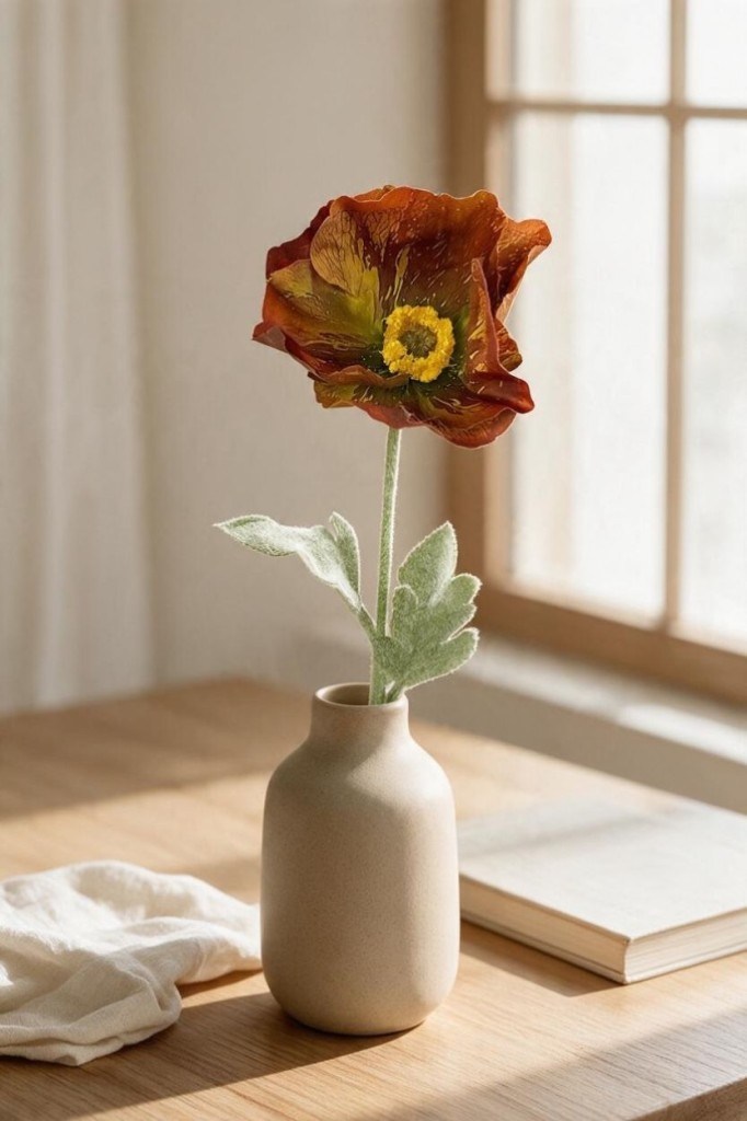 Yapay Çiçek Gelincik Çiçeği Tek Dal Kahverengi Renk 45Cm