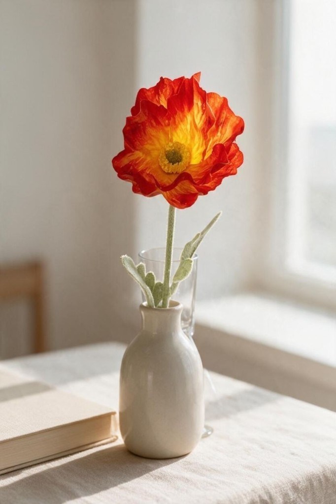 Yapay Çiçek Gelincik Çiçeği Tek Dal Koyu Turuncu Renk 45Cm