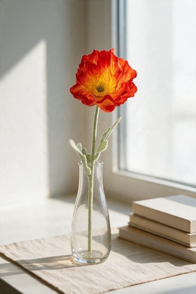 Yapay Çiçek Gelincik Çiçeği Tek Dal Koyu Turuncu Renk 45Cm