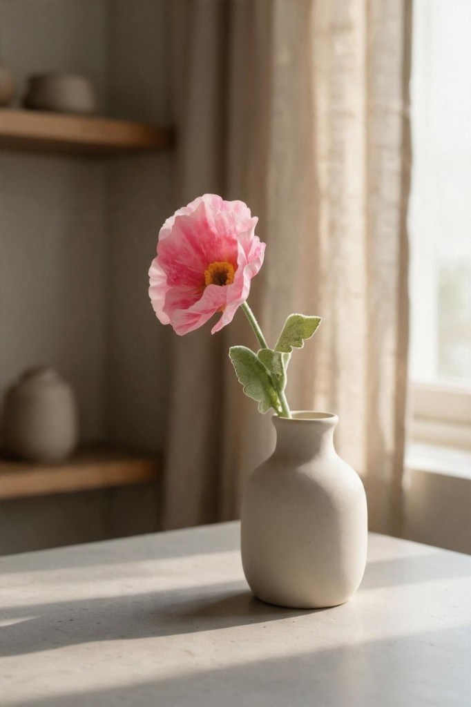 Yapay Çiçek Gelincik Çiçeği Tek Dal Pembe Renk 45Cm
