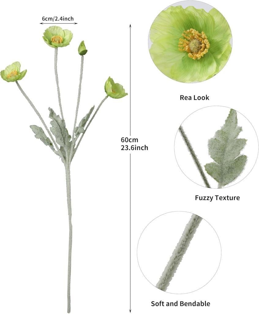 Yapay Çiçek Gelincik Çiçeği Yeşil Renk 3 Çiçek 1 Tomurcuk 59Cm