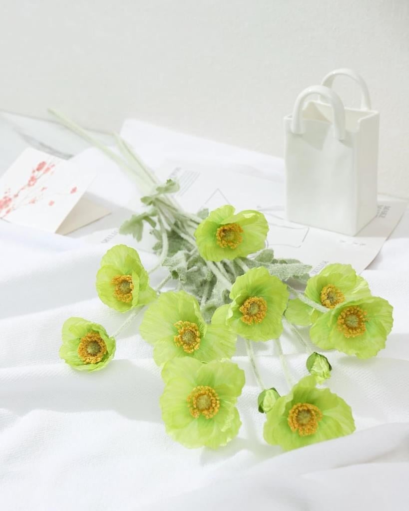 Yapay Çiçek Gelincik Çiçeği Yeşil Renk 3 Çiçek 1 Tomurcuk 59Cm