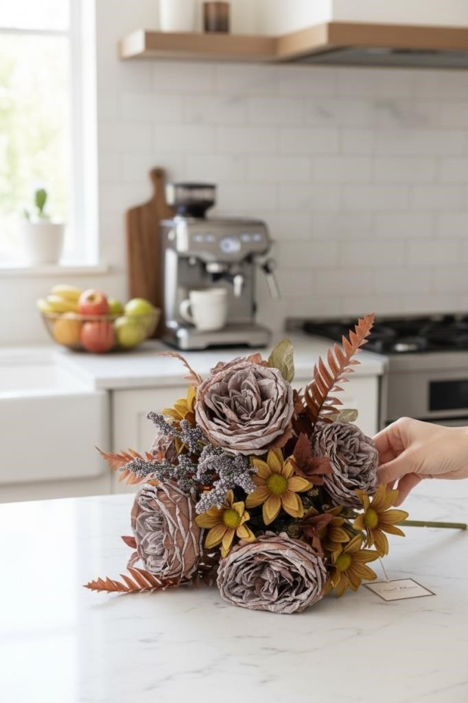 Yapay Çiçek Gri Kahve Kuru Şakayık Aranjman Demeti 9Dallı 6kafalı Buket Büyük Boy 45*35cm