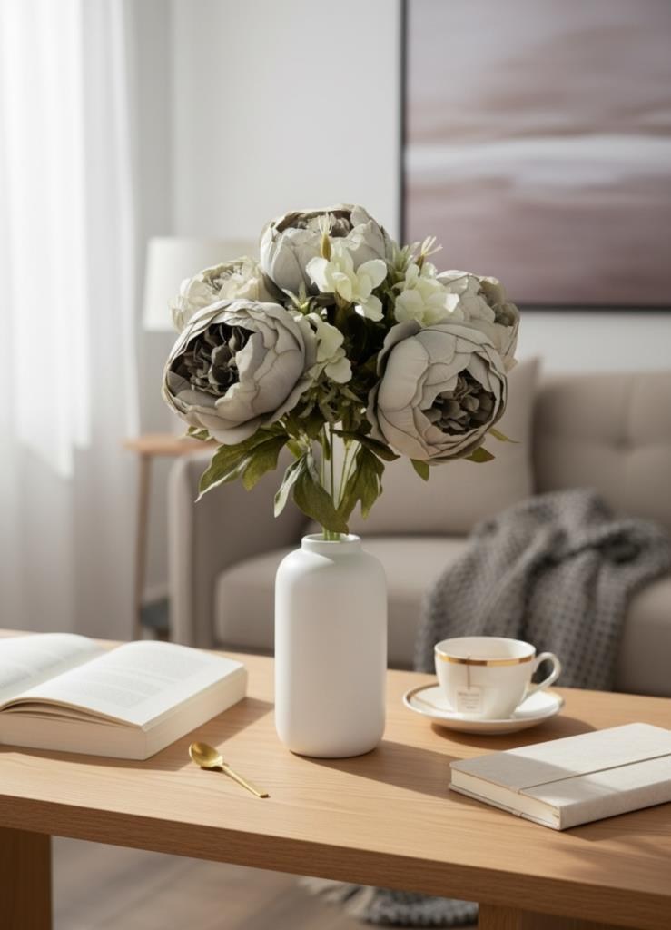 Yapay Çiçek Gri Şakayık Demeti 7Dallı Buket 5 Şakayık 2 Aradal Çiçekleri 40*25cm