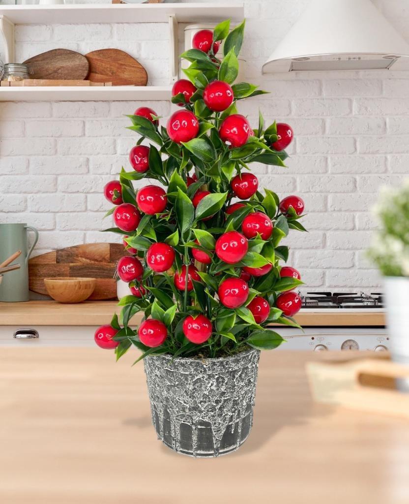 Yapay Çiçek Gri Seramik Saksıda Kiraz Ağacı Kırmızı Top Çiçek  