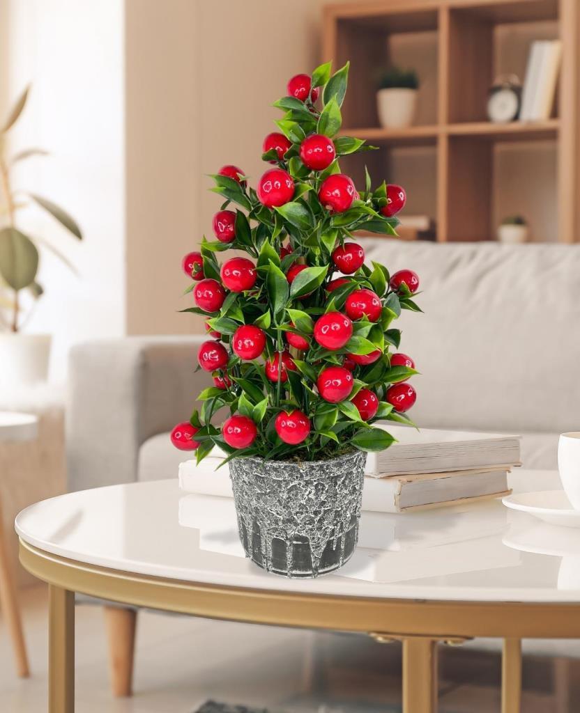 Yapay Çiçek Gri Seramik Saksıda Kiraz Ağacı Kırmızı Top Çiçek  