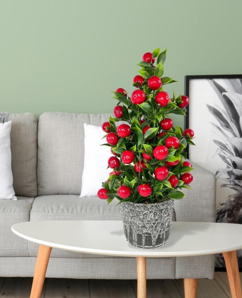 Yapay Çiçek Gri Seramik Saksıda Kiraz Ağacı Kırmızı Top Çiçek  