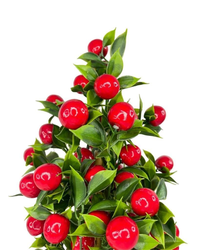 Yapay Çiçek Gri Seramik Saksıda Kiraz Ağacı Kırmızı Top Çiçek  