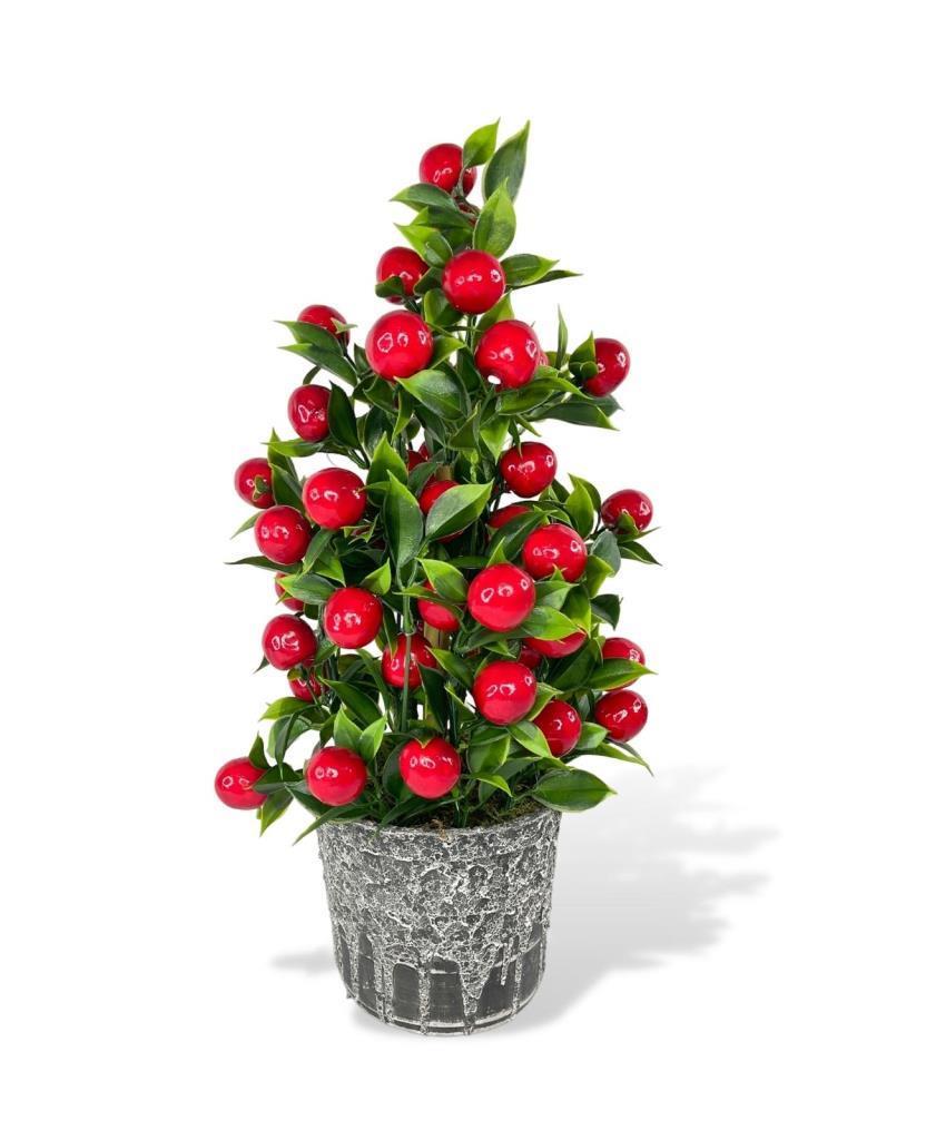 Yapay Çiçek Gri Seramik Saksıda Kiraz Ağacı Kırmızı Top Çiçek  