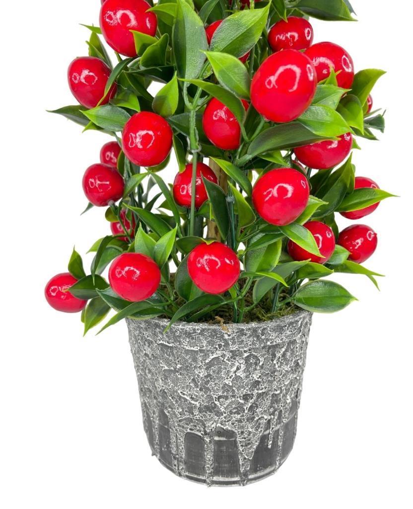 Yapay Çiçek Gri Seramik Saksıda Kiraz Ağacı Kırmızı Top Çiçek  