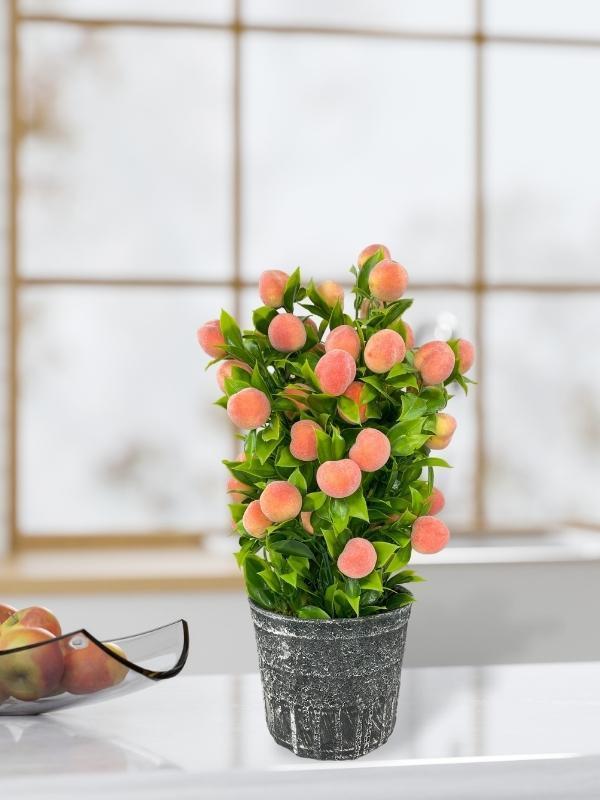 Yapay Çiçek Gri Seramik Saksıda Şeftali Ağacı