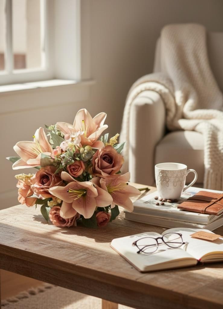 Yapay Çiçek Gül Kurusu Renk Aranjman Demeti 9Dallı Buket Gül Lilyum ve Aradal Çiçekleri 50*35cm